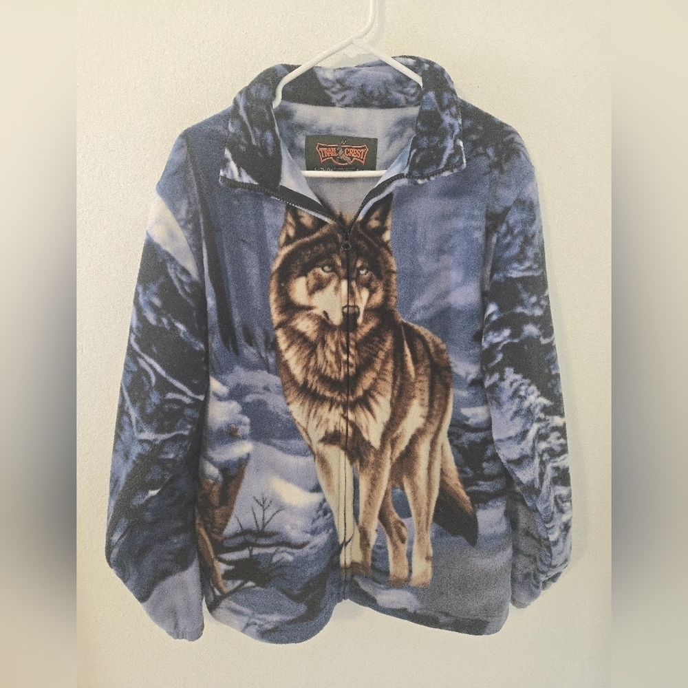 Vintage Trail Crest Wolf Animal Fleece Wood Outdoors Wolves Jacket Mens Large